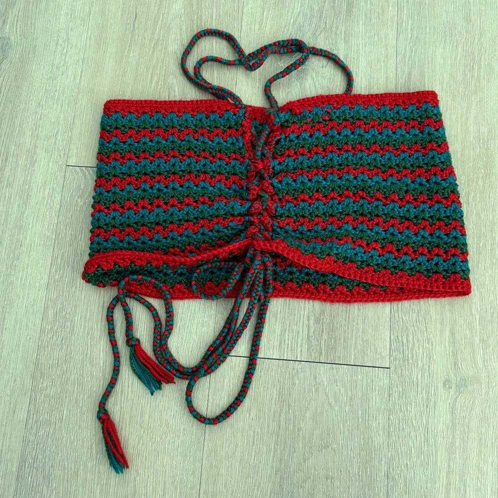 Maya Bey Crochet Handmade Crochet Halter Top Red Green Blue One Size Stretchy - Picture 10 of 13
